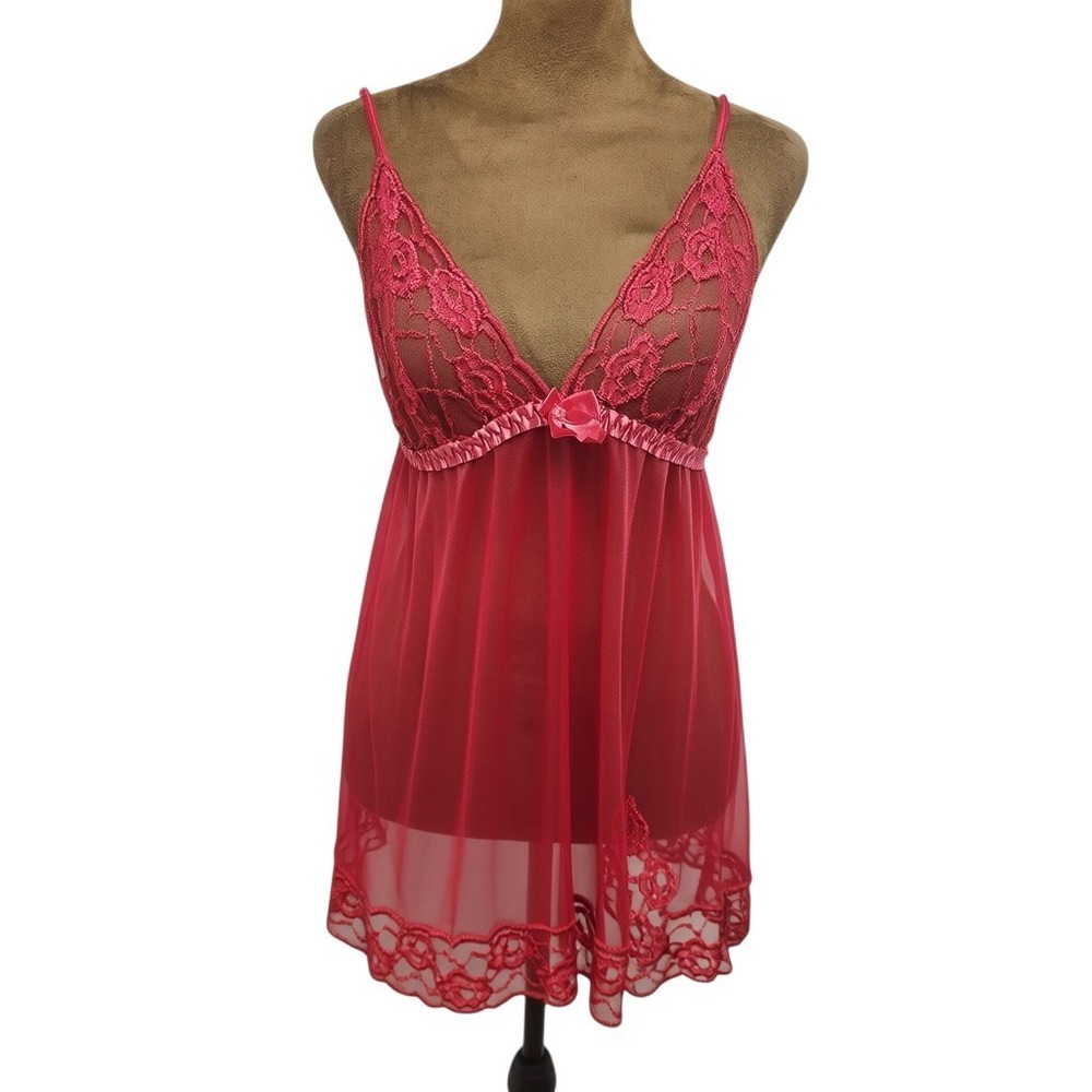 Frederick's of Hollywood Babydoll Nightie Red Lace Sheer Size XL Women's